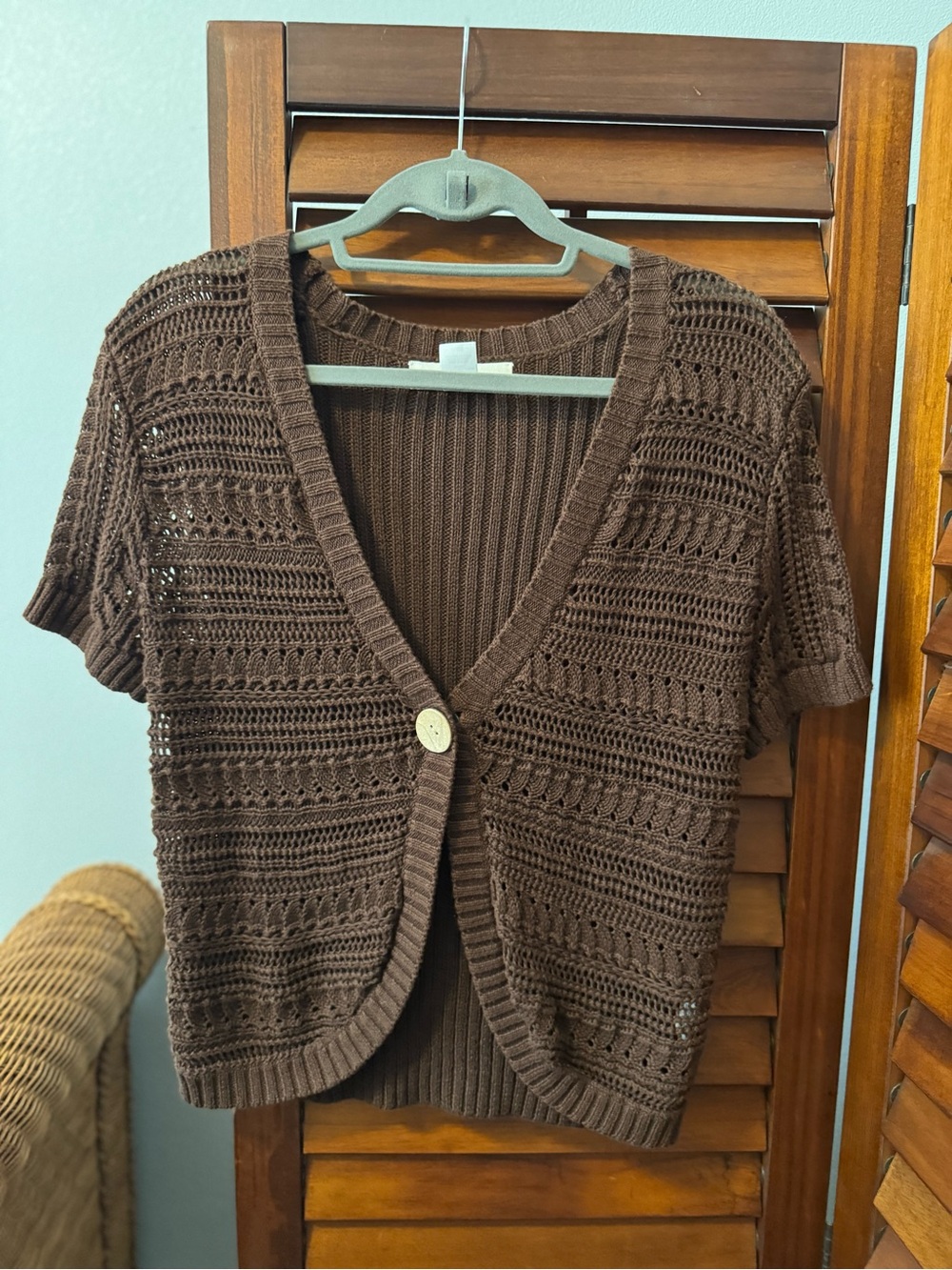 Brown Short-Sleeve Crochet Button Cardigan Sweater